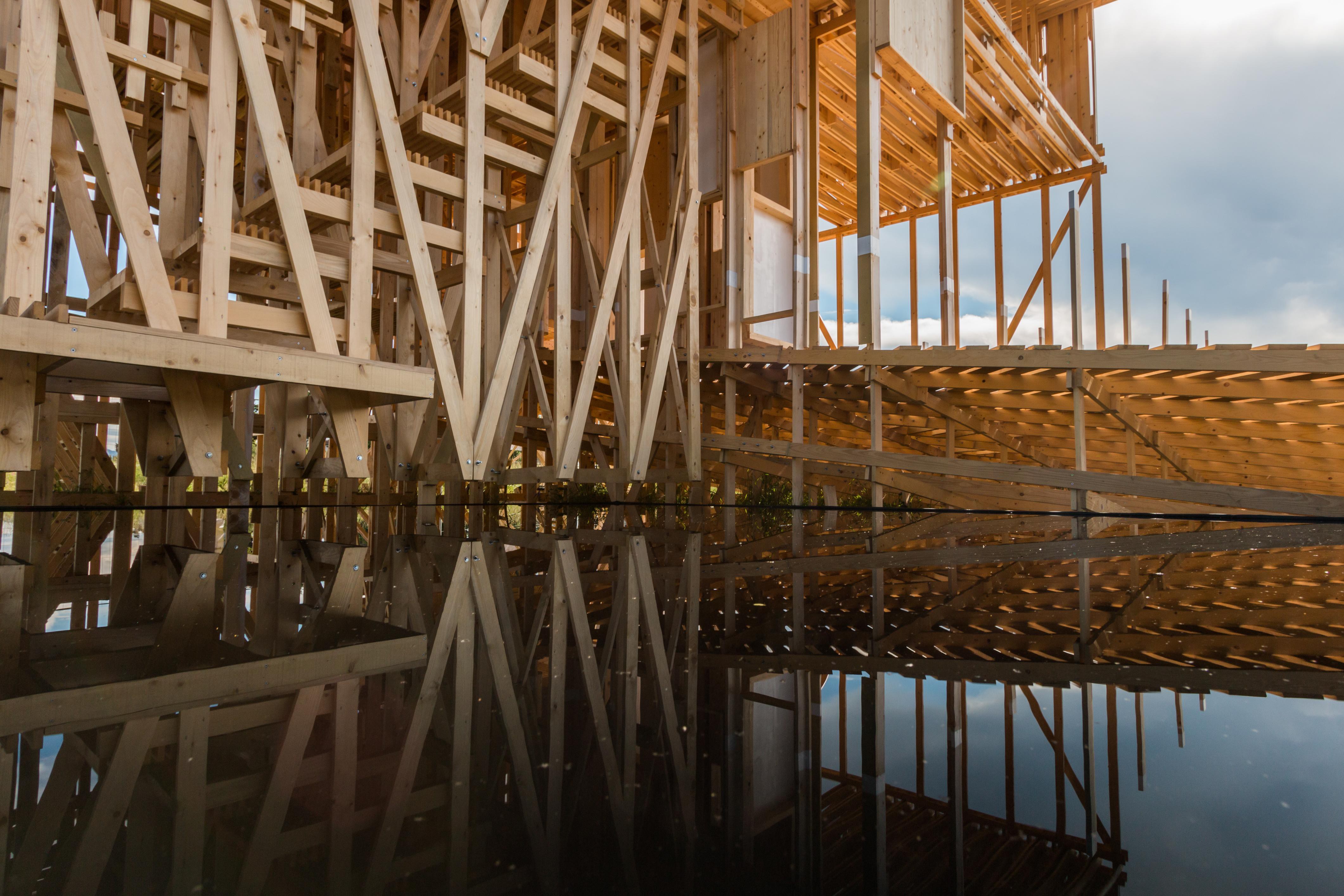 Architecture freshmen build a giant wooden pavilion on campus