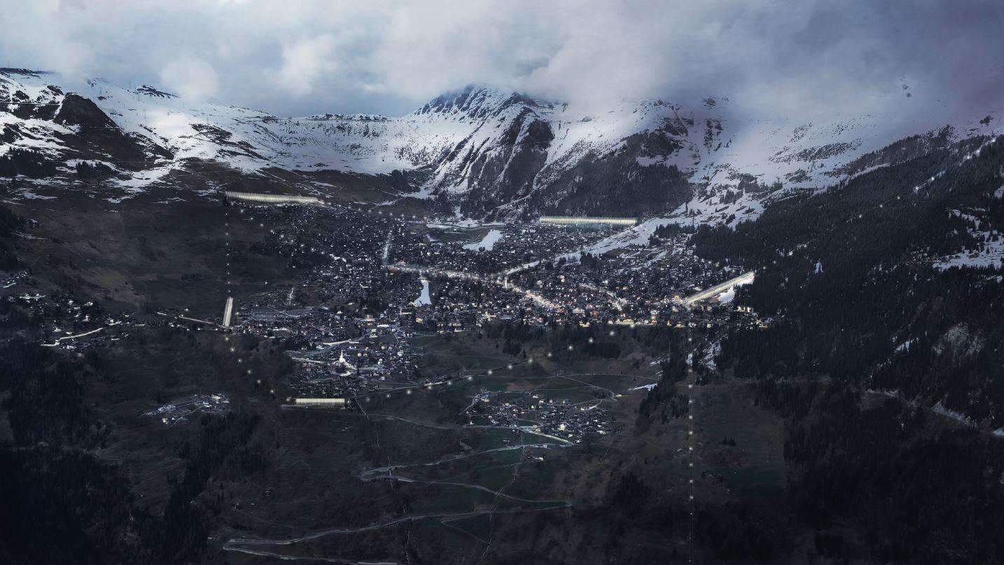 Les cinq bâtiments sont connectés par un télécabine qui dessert la totalité de Verbier. ©Fiona Pià