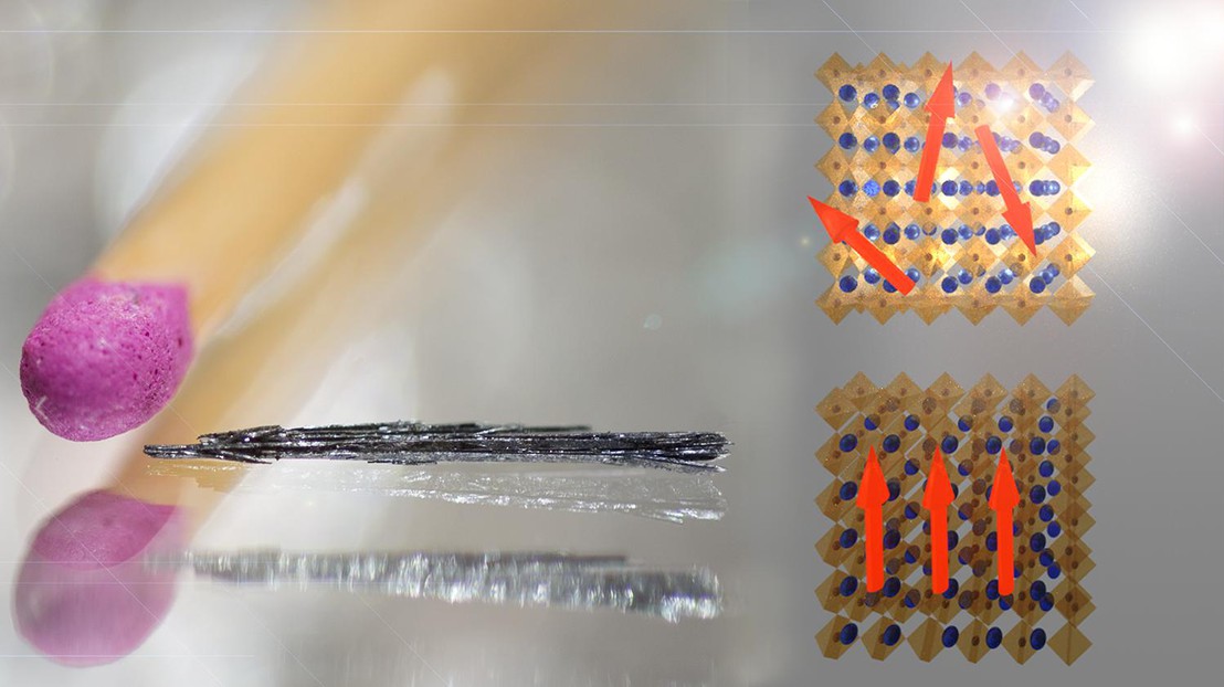 Single crystals of the perovskite developed in this study; on the right a diagram showing the melting of the ferromagnetic state © M. Spina, E. Horváth/EPFL