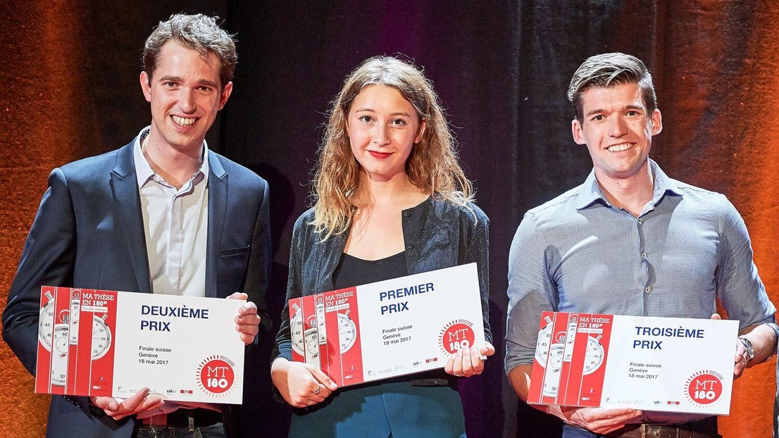 Amaël Cohades (EPFL) 1st, Sarah Olivier (UniGE) 2nd, Giel Op 't Veld (EPFL) 3d© 2017 EPFL