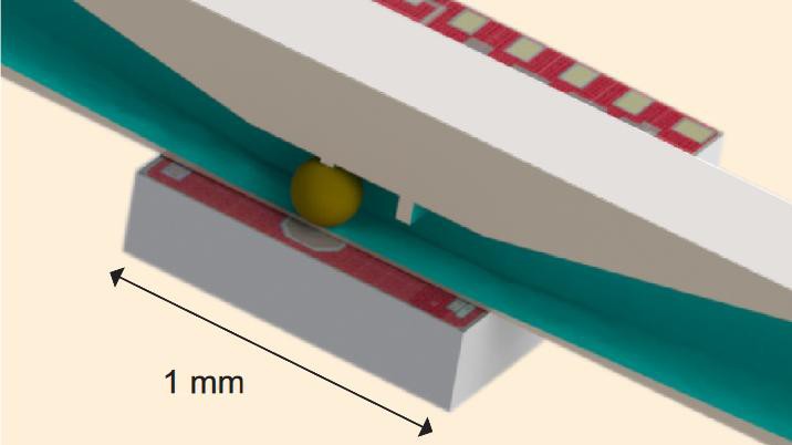 © 2018 EPFL. Rendered image of the single chip integrated detector combined with the 3D printed microfluid ic structure © E. Montinaro