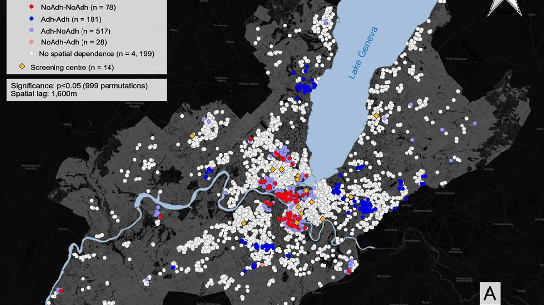 The red dots show where women who have not had a mammogram live. © EPFL-LASIG