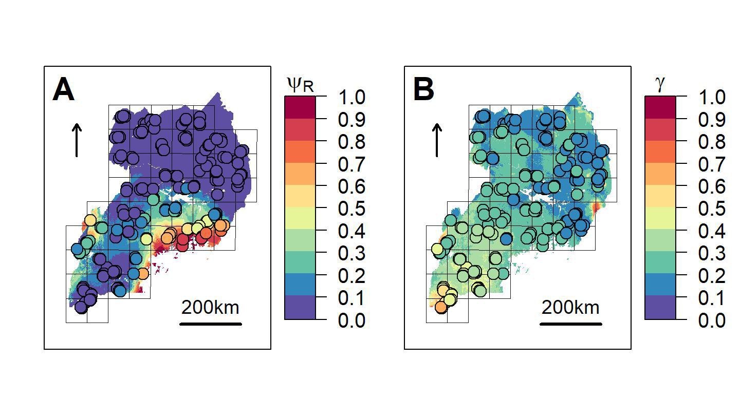 Tick (A) and parasite (B) distributions in Uganda with sampled farms. Figure E. Vajana / CC BY