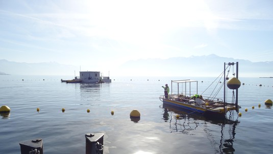 “LéXPLORE” platform on Lake Geneva.  © Natacha Pasche/EPFL