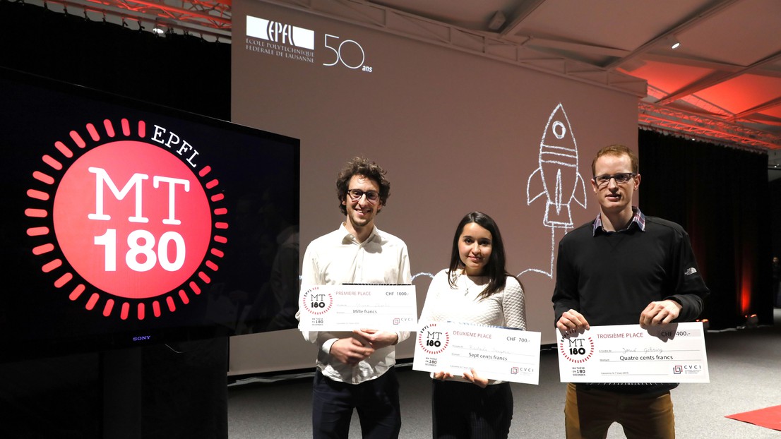 Alvaro Charlet, first place, Radmila Faizova, 2nd et Josué Gehring, 3rd of My Thesis in 180 seconds EPFL 2019 © 2019 Alain Herzog