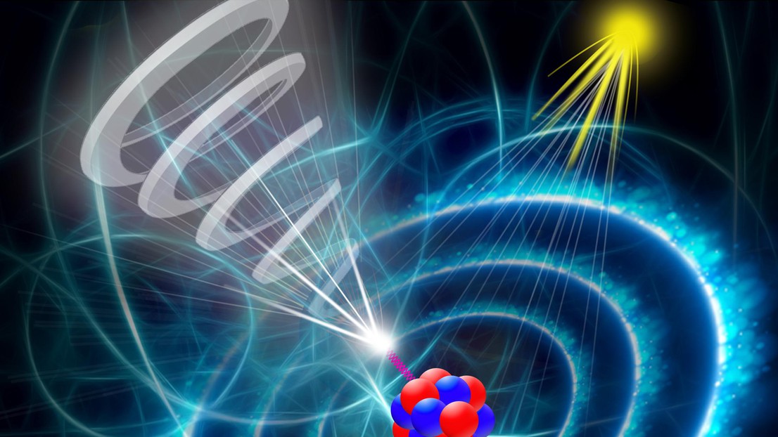 The capture of a twisted electron from an ion results in the excitation of the nucleus and the consequent emission of a gamma ray. Credit: F. Carbone (EPFL)