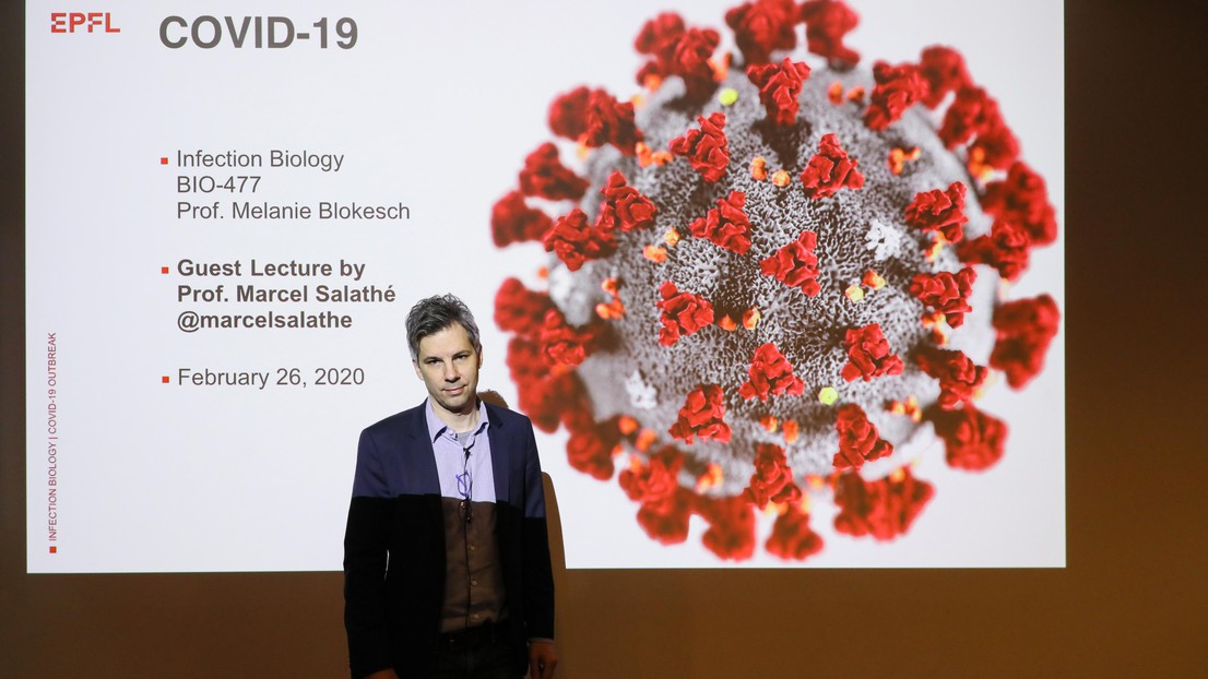 Marcel Salathé lors de sa conférence sur le coronavirus le 26 février 2020. Crédit : Alain Herzog, EPFL