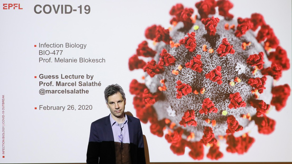 Marcel Salathé during his coronavirus lecture on 26 February 2020. Credit: Alain Herzog, EPFL