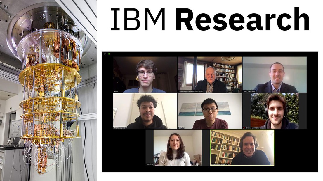 Left: Quantum computer based on superconducting qubits developed by IBM Research in Zürich, Switzerland (Wiki images). Right: Some members of the 2019 EPFL IBM Q team.