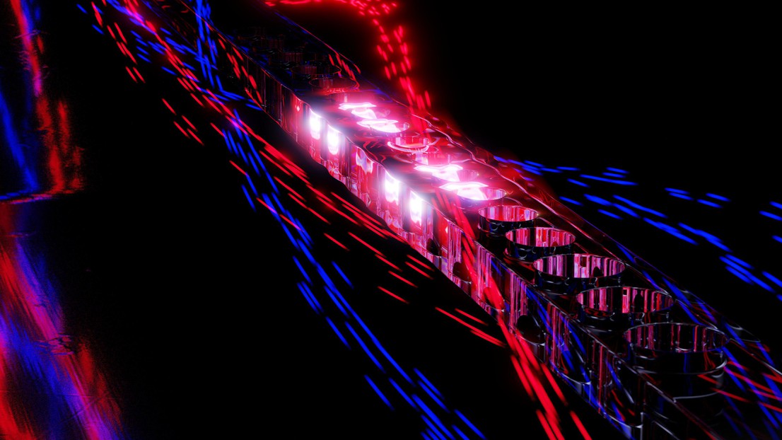 Illustration of the optomechanical crystal used in the experiment. The confined optical mode used to cool the oscillator is depicted as a glow at the center (credit: Liu Qiu, EPFL)