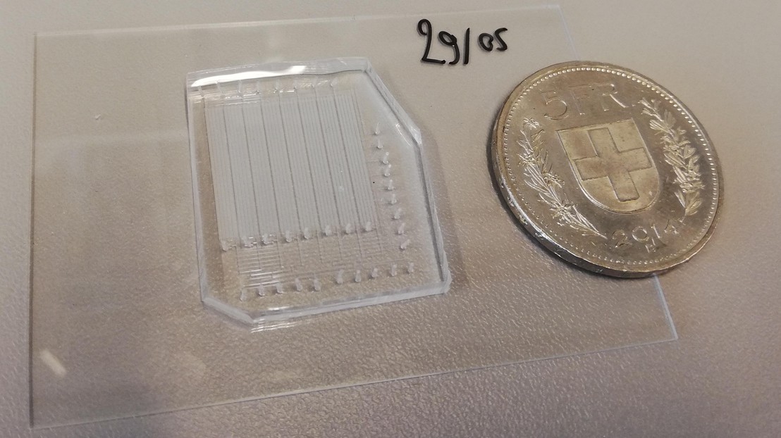 La cartouche microfluidique FloChIP. Crédit: Ricardo Dainese (EPFL)