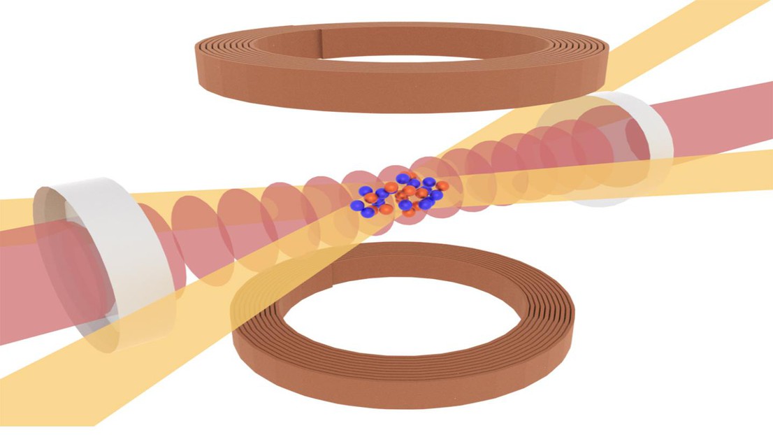 A gas of lithium atoms at nano-Kelvin temperature is trapped by laser beams and placed between two optical mirrors. Credit: H. Konishi (EPFL)