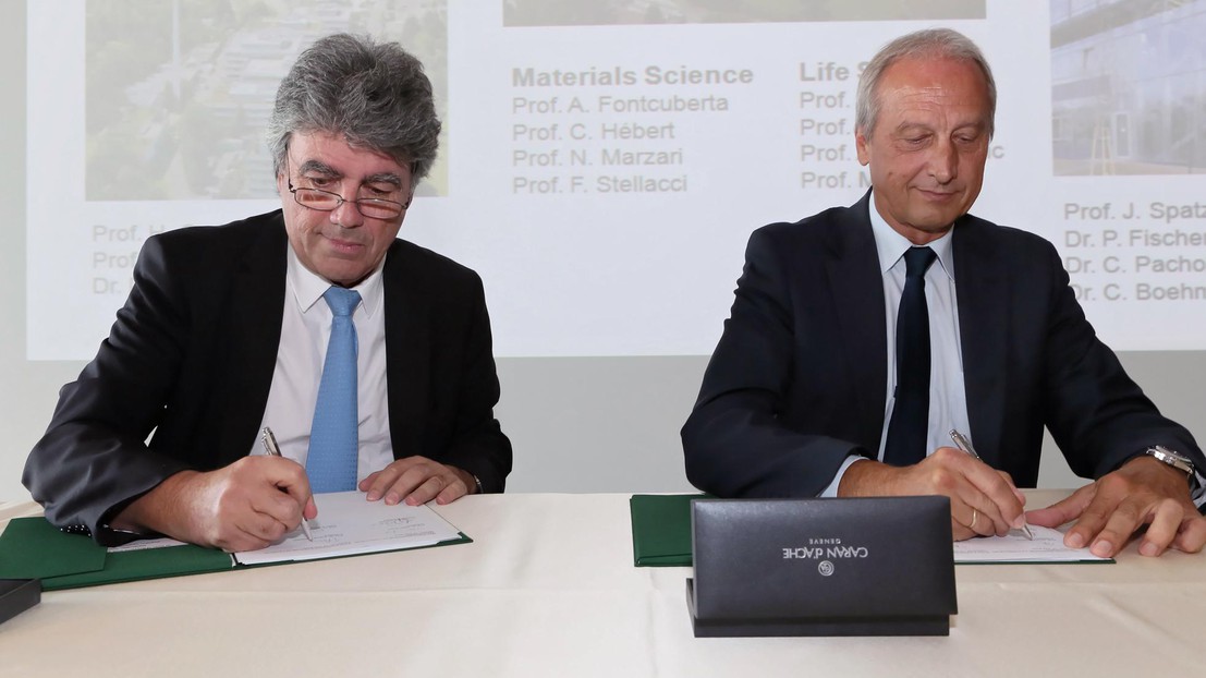 Patrtick Aebischer, EPFL president, and Peter Gruss, president of the Max-Planck-Gesellschaft. © Alain Herzog