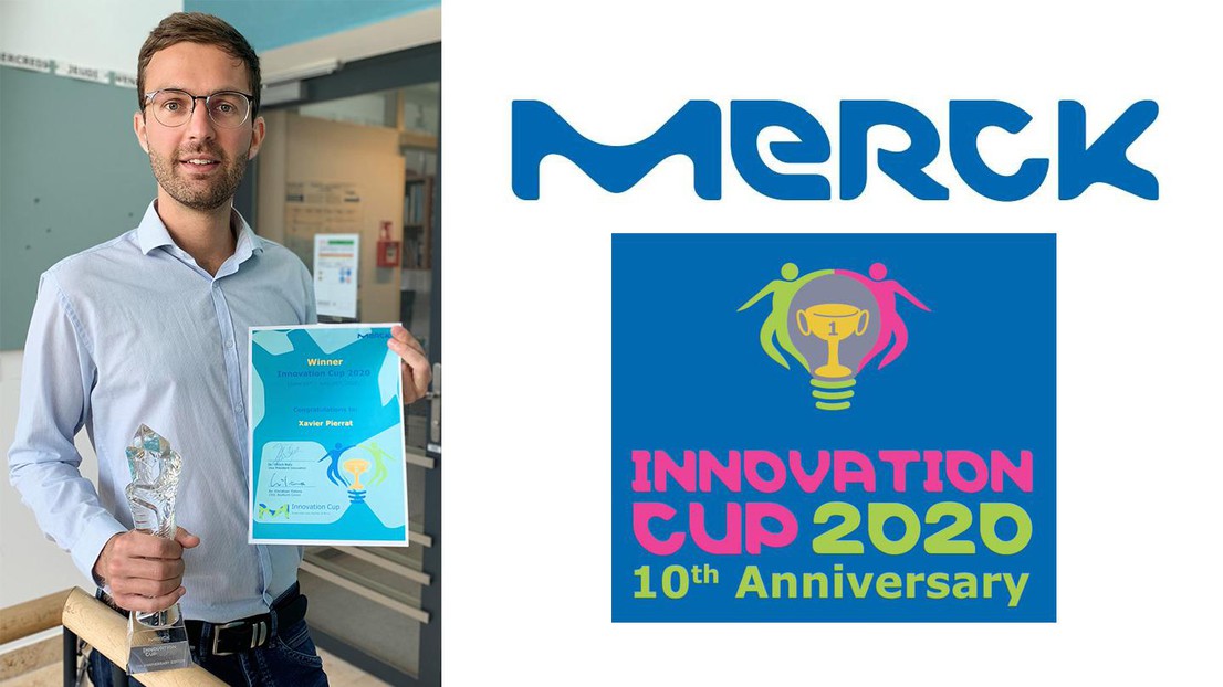 Xavier Pierrat avec le trophée et le certificat Merck Innovation. Crédit: EPFL