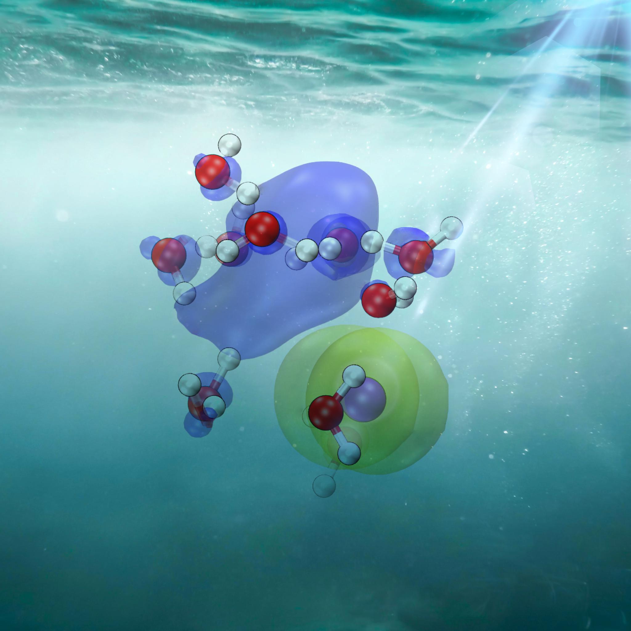 CTTS dynamics illustrating the electron density (blue) and the hole density of aqueous iodine (yellow). Credit : Jinggang Lan/EPFL