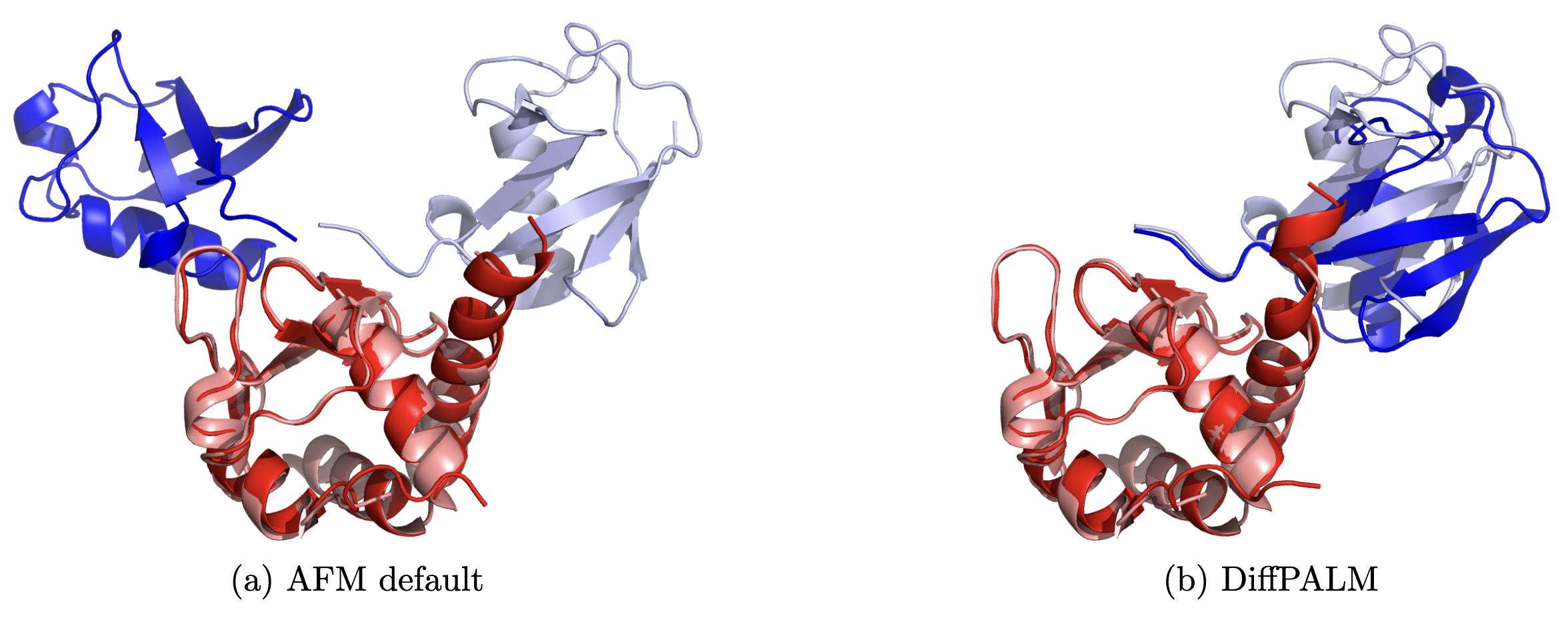 Comparing the AFM default MSA Transformer pairing strategy with DiffPALM for a protein structure. Credit: Lupo et al 2024, DOI: 10.1073/pnas.2311887121