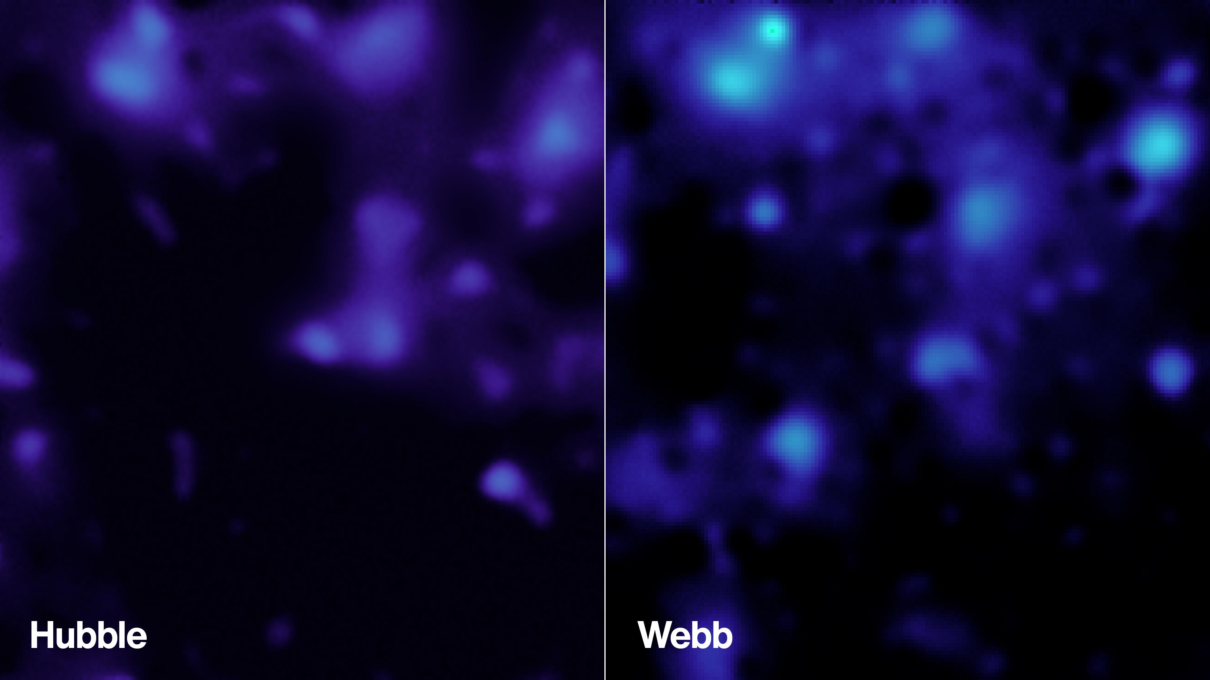 Créées à partir des données du télescope Webb de la NASA en 2026 (à droite) et du télescope spatial Hubble en 2007 (à gauche), ces images montrent la présence de matière noire dans la même région du ciel. La résolution supérieure du télescope Webb apporte de nouvelles informations sur la manière dont cette composante invisible influence la distribution de la matière ordinaire dans l'univers. Crédit: NASA/SCsI/A. Pagan