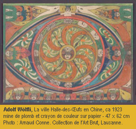 Adolf Wölfli, La ville Halle-des-Œufs en Chine, ca 1923 mine de plomb et crayon de couleur sur papier - 47 x 62 cm Photo : Arnaud Conne. Collection de l’Art Brut, Lausanne.